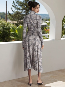 Elegant plaid long sleeve dress with stand collar and waist pleats for a slim fit