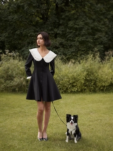 Robe Courte Noire Vintage Français Femmes Col Claudine Blanc Contraste Manches Longues Évasées Ligne A Robe Élégante