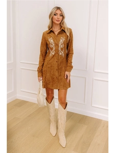 Vintage Floral Embroidered Suede Shirt Dress For Women Long Sleeve Lapel Collar Button Up Bohemian Style Mini Dress