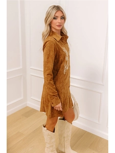 Brown corduroy long sleeve shirt dress with white floral embroidery and button front