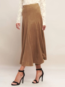 Elegant high-waist suede midi skirt in khaki with a flowy A-line silhouette for women