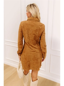 Women's brown faux suede long sleeve button-down dress with elegant V-shaped back stitching