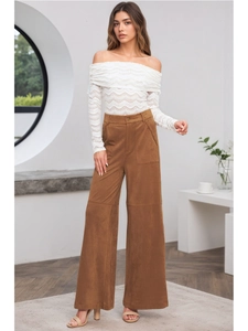 Damen Hohe Taille Wildlederimitat Weites Bein Hose Vintage Elegant Gerade Freizeithose Mit Geflochtenen Taschen Herbst Winter