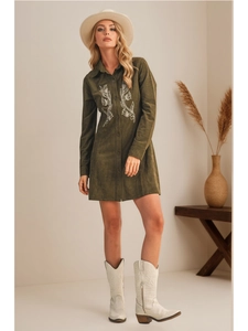 Olive green suede shirt dress with white floral embroidery and button-down front