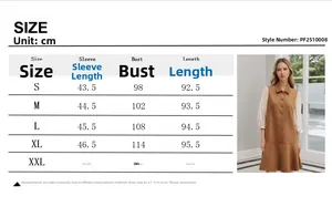 Detailed size chart for elegant suede patchwork puff sleeve dress showing S to XL dimensions