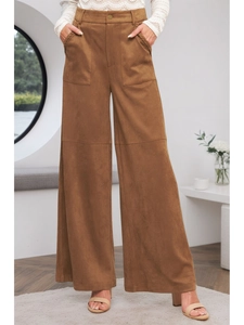 Damen Wildlederhose mit hoher Taille in Braun, weites Bein und dekorativen Web-Taschen