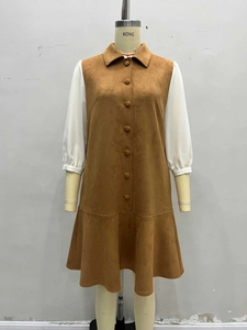 Elegant patchwork suede mini dress with puff chiffon sleeves and ruffled hem in caramel