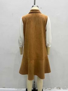 Elegant brown suede and white chiffon puff sleeve patchwork midi dress for women