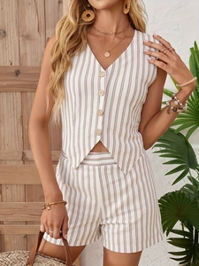 Conjunto de Chaleco y Pantalones Cortos a Rayas para Mujer Top And Bottom Verano Elegante Sin Mangas Cuello en V Botón