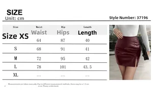 Detailed size guide for high waist burgundy PU leather mini skirt showing measurements