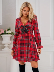 Robe à Carreaux de Noël pour Femmes Col en V Manche Lanterne Décoration de Nœud Ligne A Bord à Volants Robe Courte Élégante de Fête