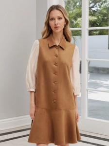 Women Elegant Patchwork Mini Dress Suede Chiffon Lantern Sleeve Button Down Ruffle Hem Vintage Commute Slim Fit Dress