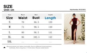 Detailed size chart for the velvet evening gown showing S to XXL measurements in cm