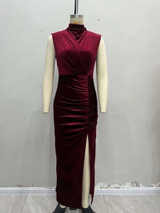 Elegant burgundy velvet sleeveless dress with high collar and high side slit detail