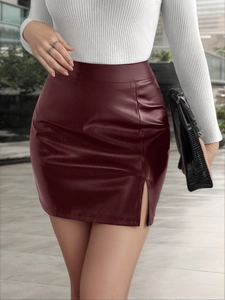 Women Sexy High Waist PU Leather Mini Skirt High Gloss Side Slit Bodycon Solid Color Faux Leather Skirt Streetwear