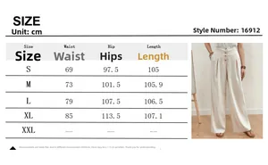 Size chart for women's high waist wide leg cotton pants showing S to XL measurements