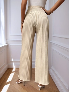 Pantalon large plissé pour femme à taille haute en mousseline couleur abricot clair
