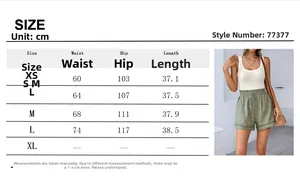 Detailed size chart for high-waisted cotton drawstring shorts with hollow embroidery