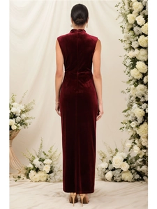 Elegant burgundy velvet sleeveless maxi dress with stand collar and high side slit