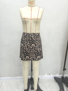 Vue détaillée d'une mini-jupe léopard à taille haute avec une coupe classique en A