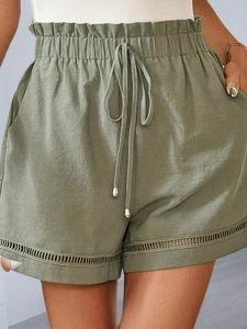 Women's olive green cotton high-waist shorts with drawstring and lace hem detail