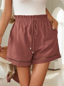 High-waist rose cotton shorts with drawstring waist and delicate hollow floral lace hem