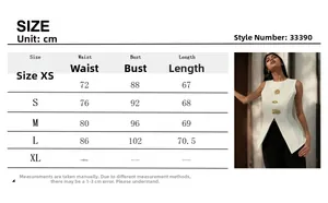 Size chart for women's V-neck vest with artistic gold buttons and measurement details