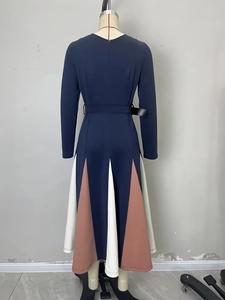 Elegant long sleeve color block A-line maxi dress with waist belt for women in navy blue