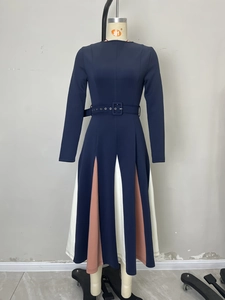 Elegant navy long sleeve A-line maxi dress with pleated contrast panels and belted waist