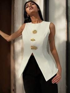 Women's Elegant Sleeveless Vest Top With Artistic Gold Buttons V Neck Slit Hem Commute Fashion Waistcoat Top
