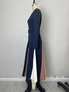 Detail of long-sleeved navy dress showing pleated color-block skirt and waist belt