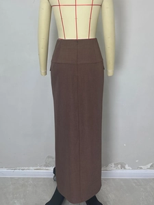 Elegant coffee brown high waisted maxi skirt with a slim fit and textured fabric
