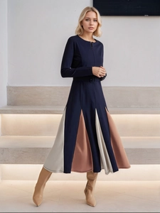 Elegant Patchwork A-Line Maxi Dress For Women Long Sleeve Color Block Pleated High Waist Knitted Dress With Belt