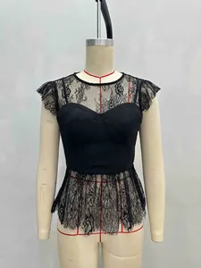 Elegant black lace sleeveless blouse with sweetheart neckline and ruffle cap sleeves