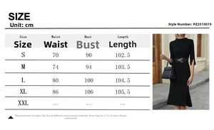 Size chart and measurement details for this elegant black mid-waist business dress