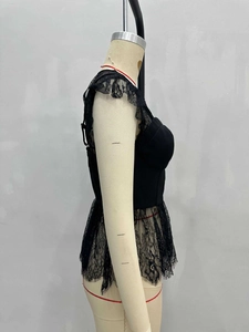 Structured black lace patchwork vest with ruffled straps and floral lace hem top