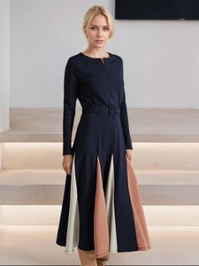 Elegant navy blue long sleeve A-line dress with belt and tricolor pleated patchwork hem