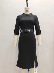 Elegant black mid-length dress with half sleeves, high slit, and matching waist belt