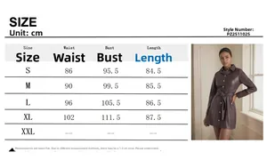 Detailed size chart for mid-length PU leather trench coat including bust and waist data