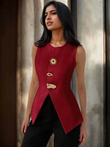 British style deep red V-neck vest with artistic gold buttons and tailored waist