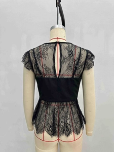 Elegant black lace sleeveless top with peplum hem and delicate mesh splicing details