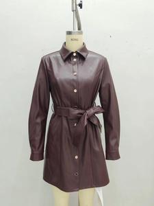Mid-length dark brown PU leather trench coat with waist belt and button closure