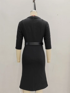 Elegant black mid-waist midi dress with half sleeves and a slim waist belt back view