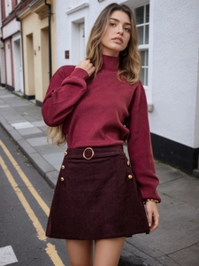 Jupe Midi Trapèze en Velours Côtelé pour Femmes Taille Haute Décor de Boutons Avec Ceinture Bourgogne Automne Hiver Jupe