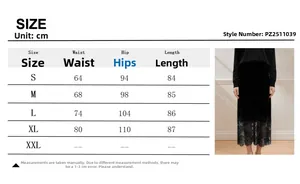 Size chart showing waist and hip measurements for this velvet lace midi skirt