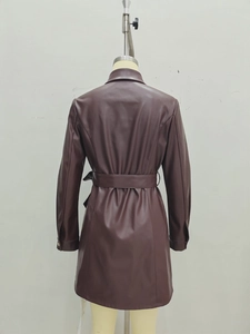 Women's long faux leather trench coat in dark brown with waist belt and lapel collar