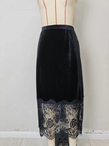 Elegant high waist black velvet midi skirt with lace trim and slit for women