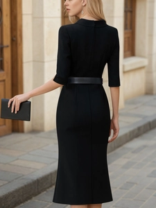 Elegant black mid-length office dress with waist belt and short sleeves for business women