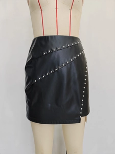 High waist black PU leather mini skirt with stylish silver metal rivet decorations