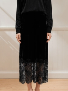Elegant Women Velvet Lace Patchwork High Waist Midi Skirt Autumn Winter Split Bodycon Slim Pencil Skirt For Office Party